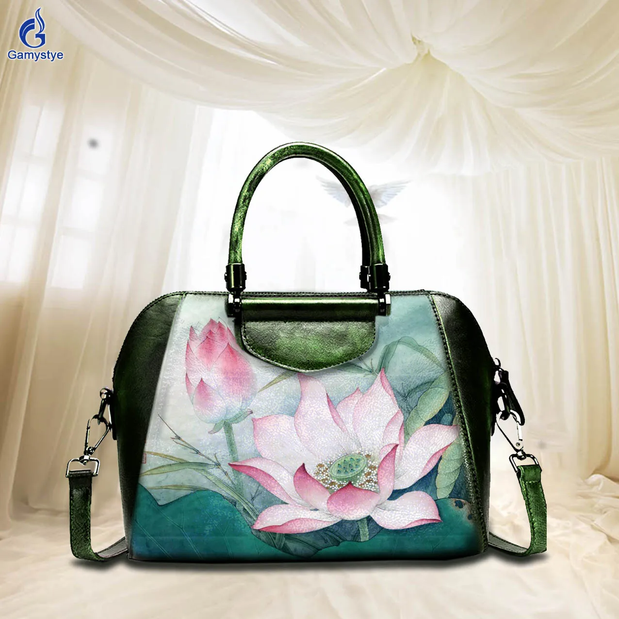 

Art Hand-Painting Customize Tote Flowers in the pond Ladies purse and handbag Messenger Clutch Totes Genuine Leather Fashion New