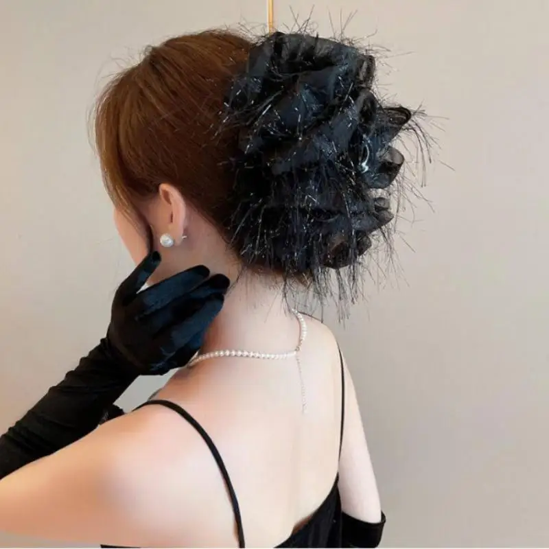 Modische Schwarze Netz-Blumen-Haarspange für Damen, Haarklammer für Pferdeschwanz, Elegante Blumen-Haarkralle, Kopfschmuck – Detail 9