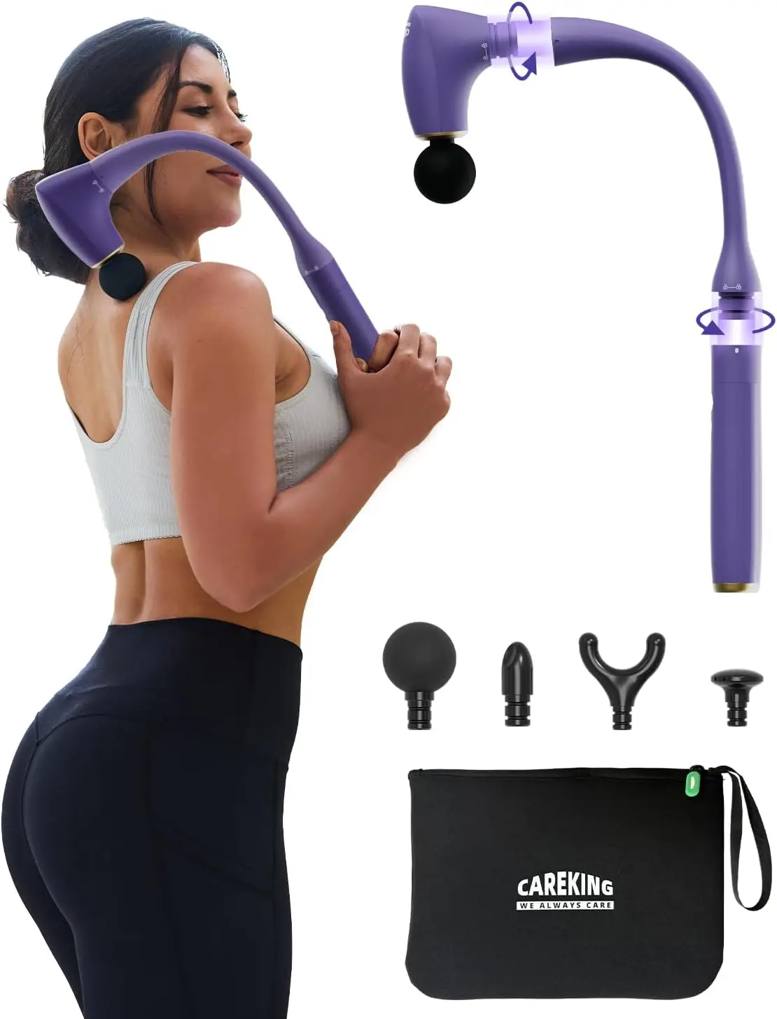 

2-in-1 Detachable Massage Gun with 20" Handle, Deep Tissue Percussion for Back, Neck, Shoulder, Legs - 5 Speeds, 4 Heads, Long Battery Life
