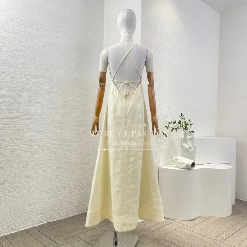

Yellow Lace Patchwork Sleeveless Flowers Appliqued Backless Midi Dress 2025 Linen