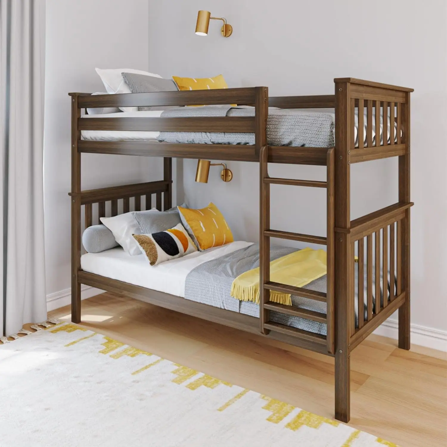 

Max & Lily Bunk Bed Twin Over Twin Solid Wood Frame Ladder Kids 14" Safety Guardrails Easy Assembly No Box Spring Needed Walnut