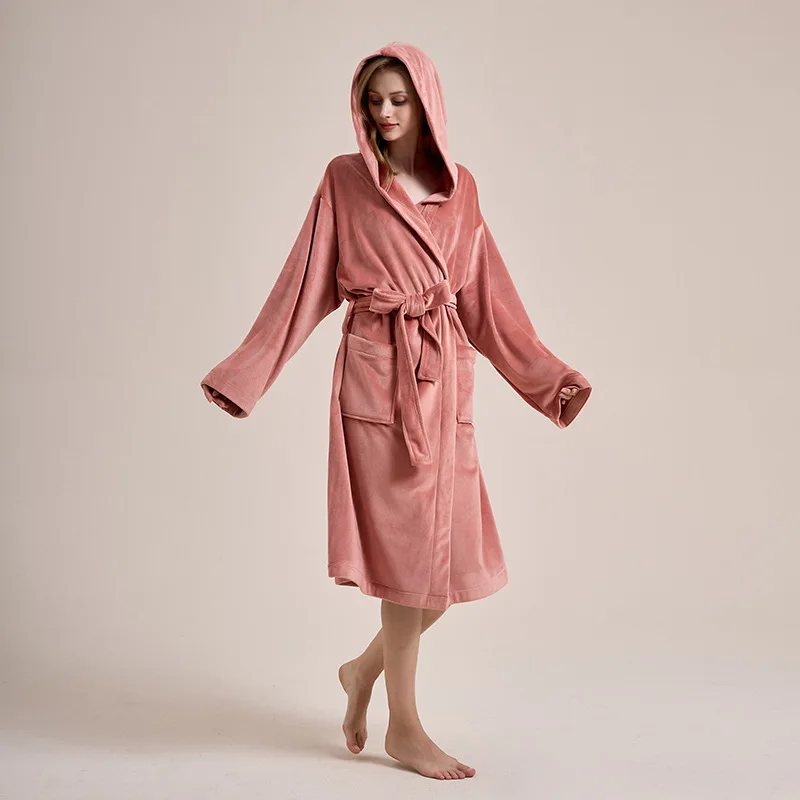 Ultra Soft Double Faced Coral Fleece Robe for Women, Thickened Hooded Long Bathrobe, Winter Warm Loungewear, Cozy Home Spa Robe