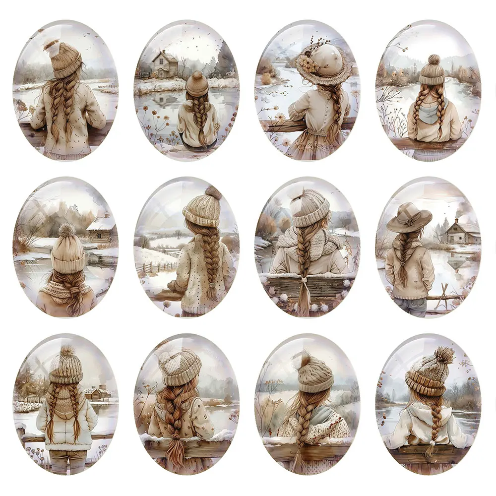 Random Mixed Round/Oval/Square Winter Snow Braid Girl Landscape Photo Glass Cabochon Flatback Demo Cameo For Diy Jewelry Making