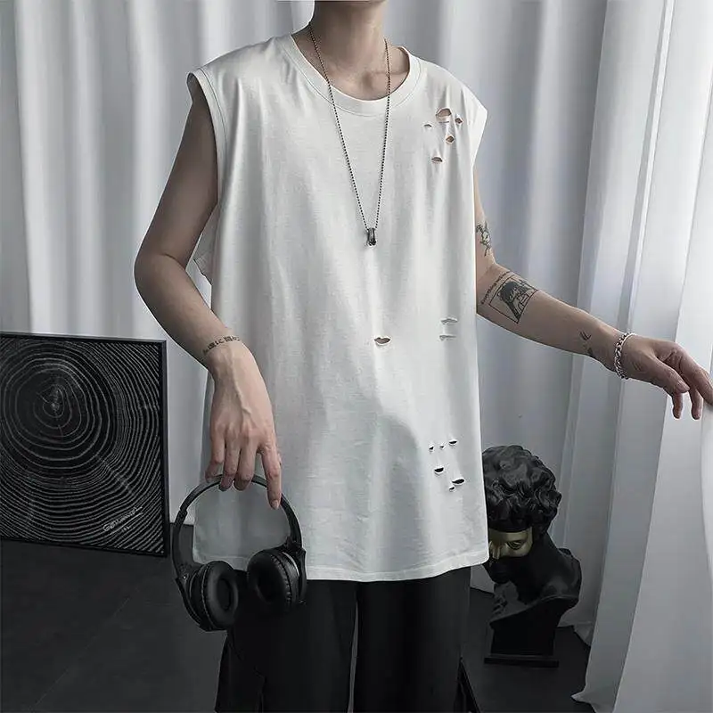 Trendy Street Distressed Cutout Sleeveless Tank Top for Men, Summer Loose Fit Casual Workout Fitness Going Out Cami Vest Top