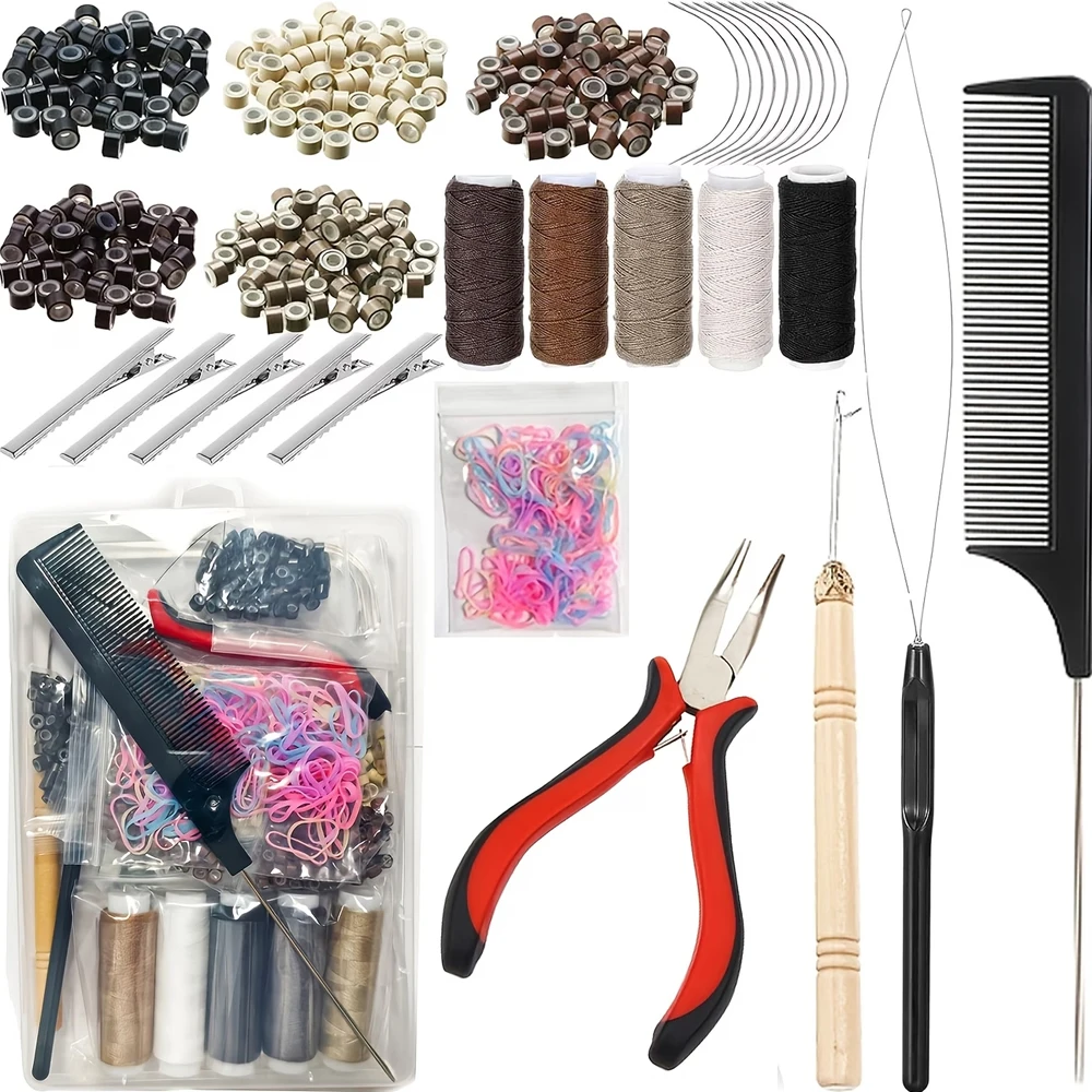 

Professional Hair Extension Kit with Beads,Pliers, Pulling Hook, Threads, Needle - Metal Tools for All Hair Types