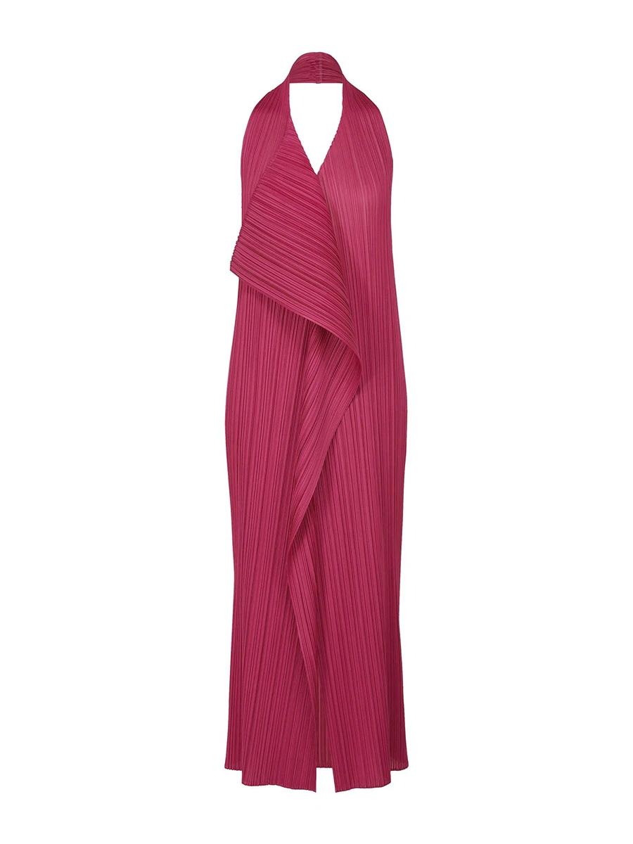 Miyake Pleated V-neck Halter Neck Folded Fabric Center Slit Dress