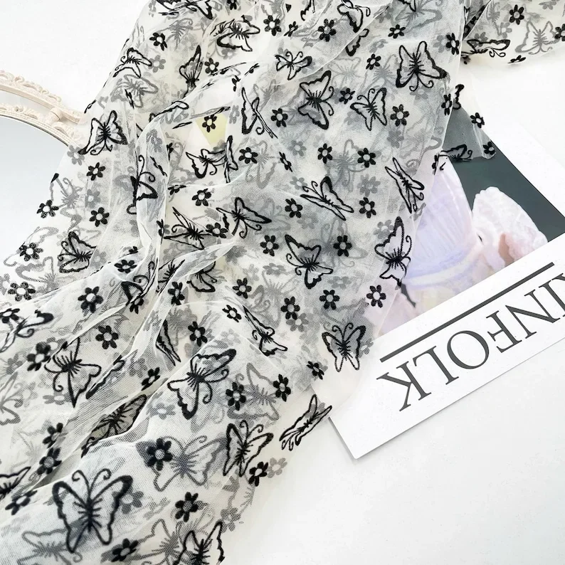 3 colores mariposa flor flocado tela de encaje mariposa flor bordado tela de tul para niña vestido tutú boda