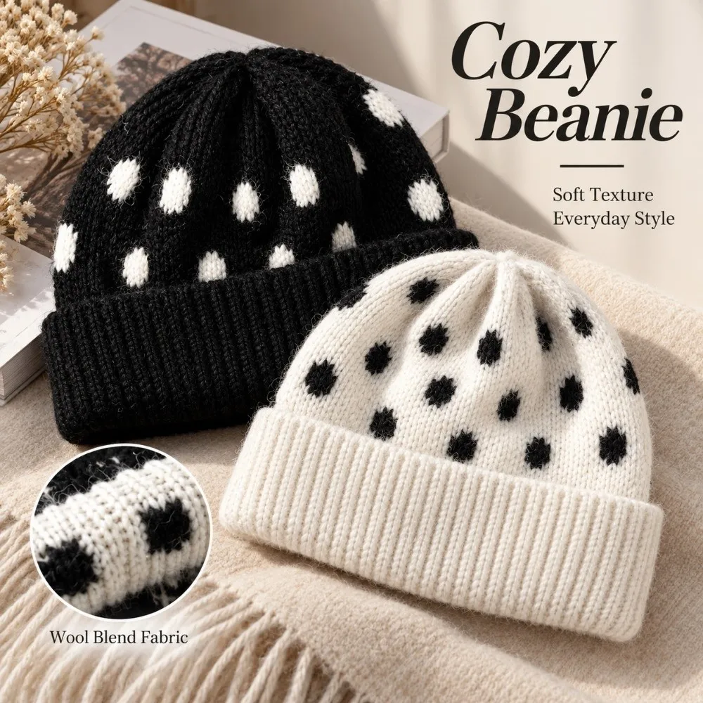 Sweet Retro Knitted Beanies Cap Polka Dot Pattern Wool Blend Hooded Hat Thickened Warm Cold Hat Winter Season