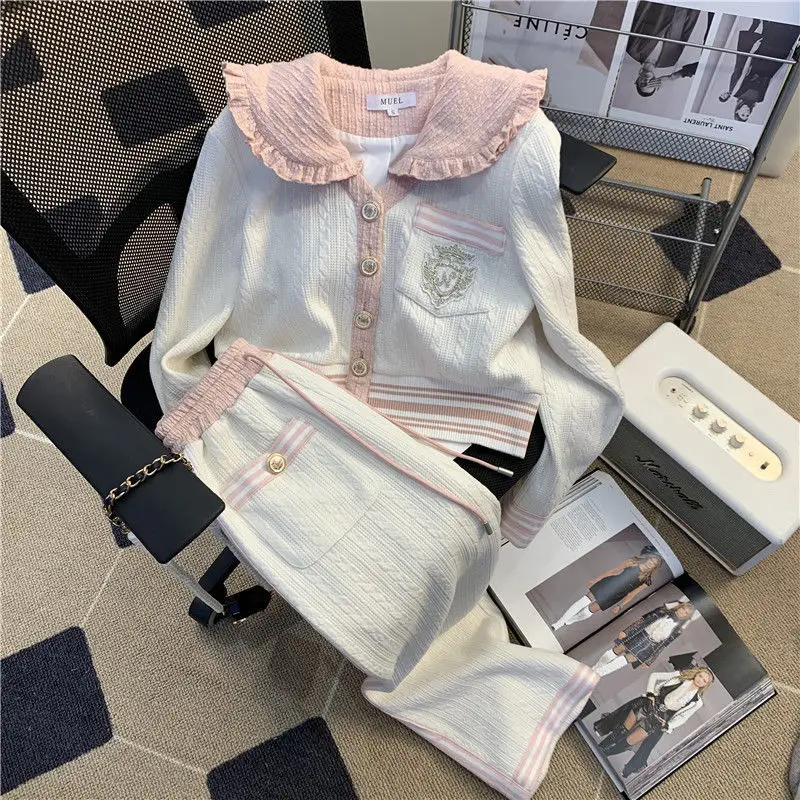 Xiaoxiangfeng Knitted Women's Set 2024 Spring New High end Cardigan Wide Leg Pants Celebrity Style Two Piece Set