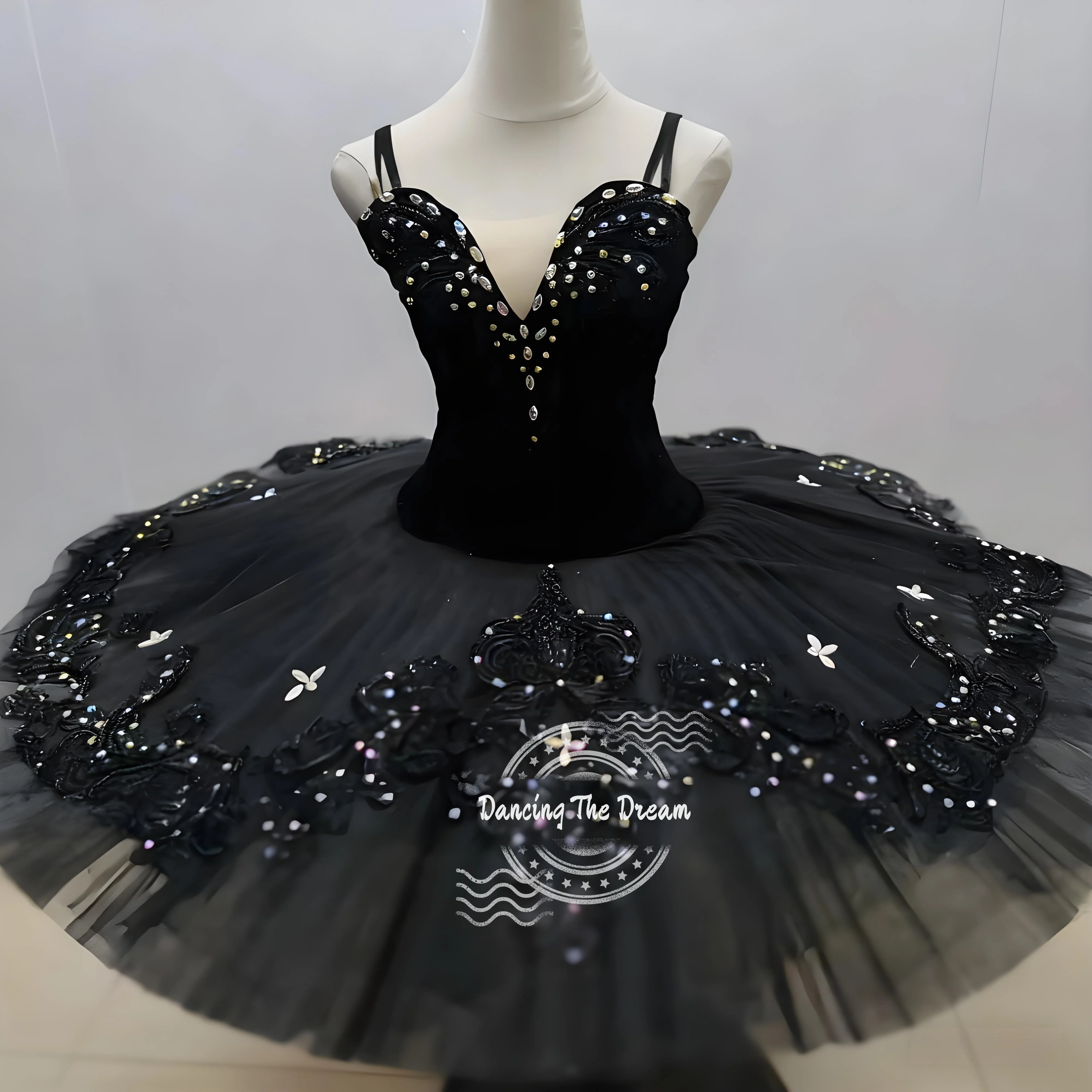 

Black Velvet Bodice Ballet Dress with Layered Tulle and Embroidered Floral - Butterfly Skirt