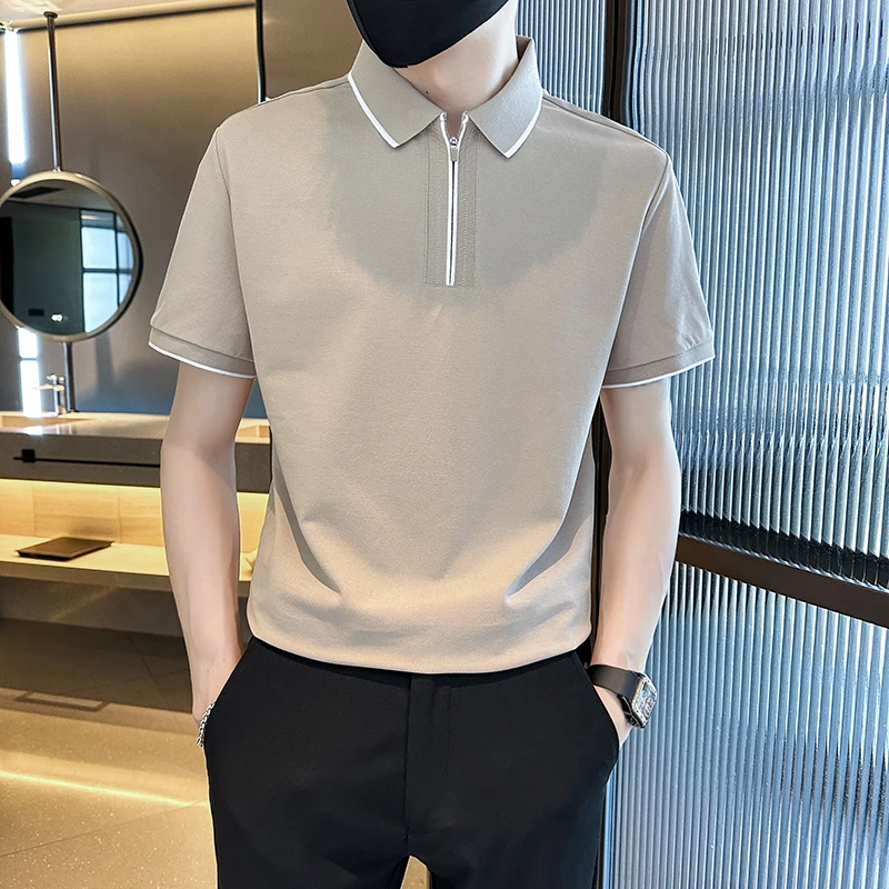 Fashion Casual POLO Shirts Mne's Summer Short Sleeve Slim Lapel Zipper T-shirts Tee Tops Business Social Streetwear Men Clothing image 5