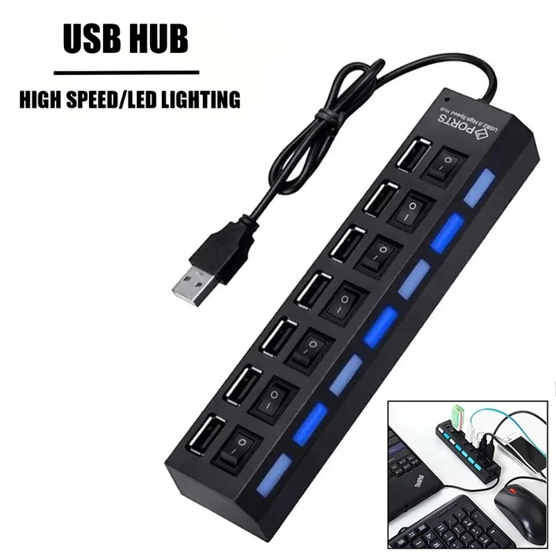 7 Ports USB 2.0 Hub Splitter For Laptop Computer Accessories LED Indicator Independent Control Office Home Workstation Supplies