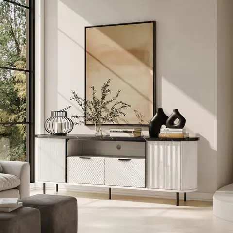 68 inch Fluted TV Stand Modern Chic Faux Marble Top, Curved Profile Entertainment Center with Storage for TVs Up to 80 i