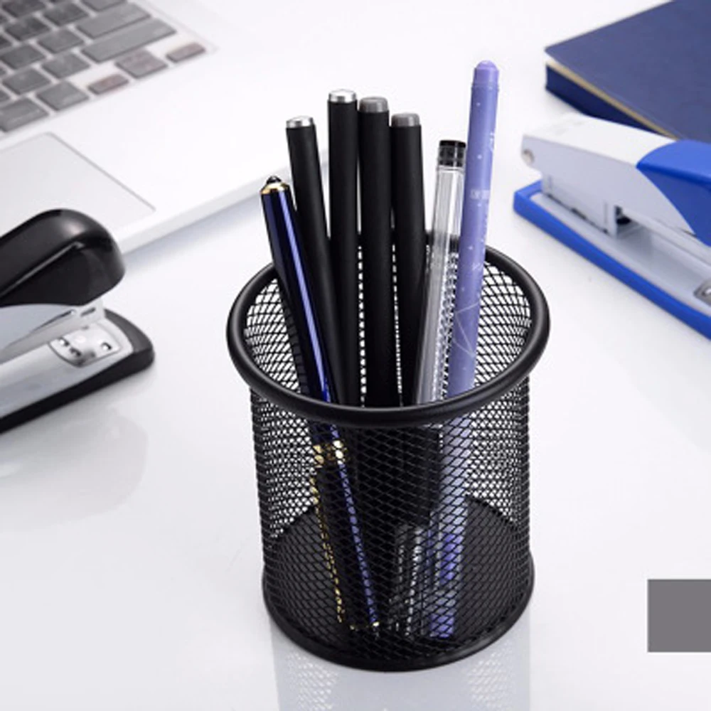 Durable Container Metal Black Desktop Round Pen Holders Pencil Cup Mesh Pen Case