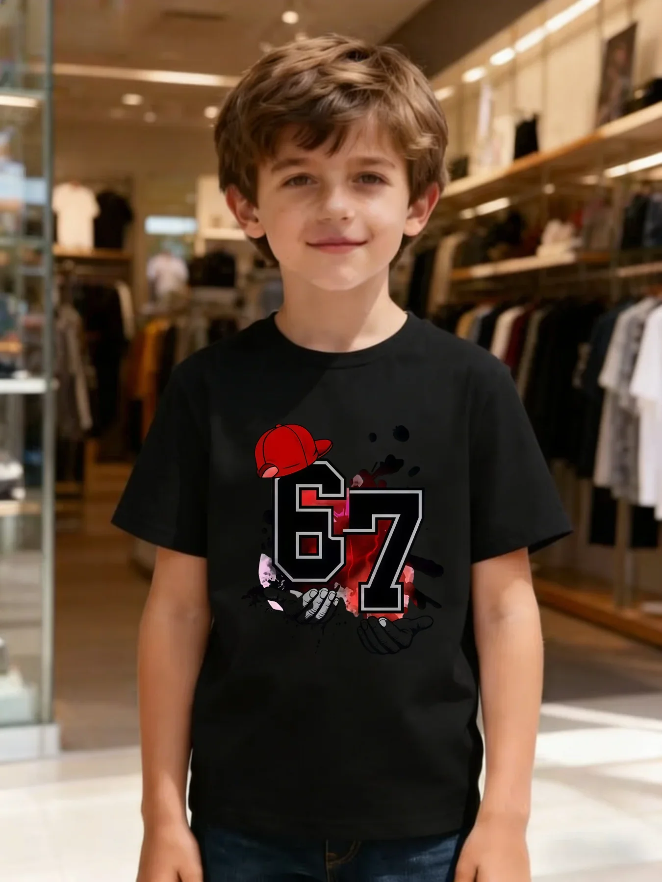 Boys Hip Hop Number 67 Red Cap Hand Graffiti Ink Splash Graphic Short Sleeve T Shirt Street Style Kids Summer Casual Tee