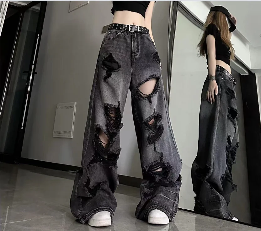 Vintage High Waist Denim Pants Ripped Jeans Women Fashion Loose Wide Leg Straight Pants Y2k Washed Streetwear Female