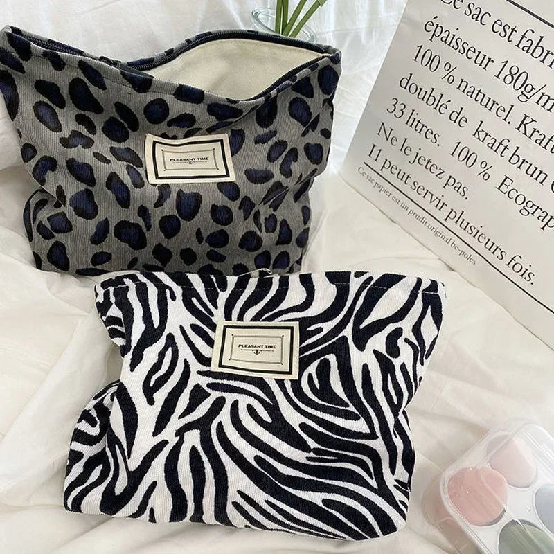 Bolso de pana Floral para mujer, bolsa de cosméticos de leopardo y cuadros, organizador de maquillaje, almacenamiento, estuche de lápices para chicas