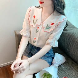 Korean Chic Summer Women Sweet Lace Top Peter Pan Collar Floral Embroidery Office Lady Shirt Puff Sleeve Feminine Elegant Blouse