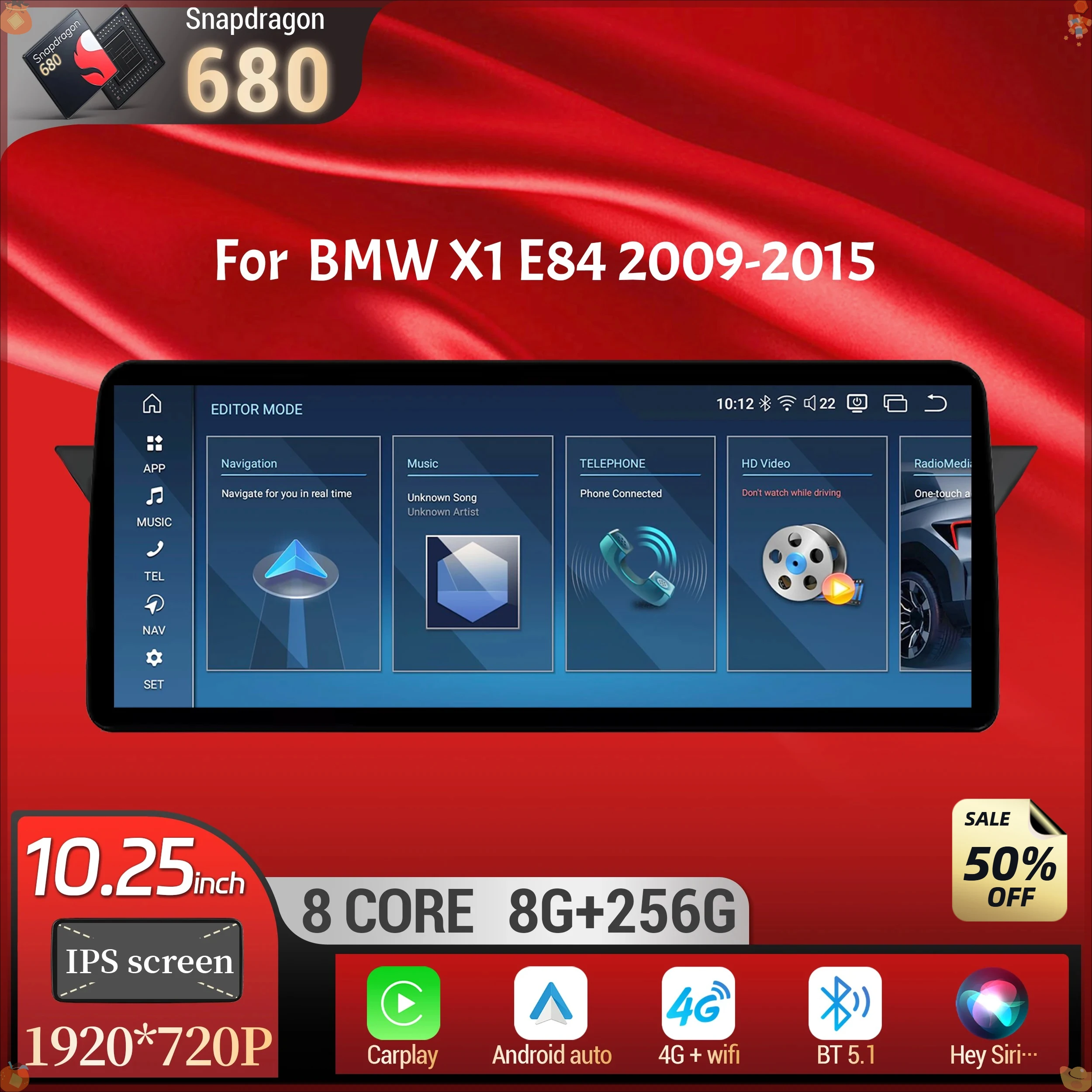 12,3-дюймовый экран для BMW X1 E84 2009-2015, Android 14, автомобильная мультимедийная система, беспроводной CarPlay, Snapdragon 680