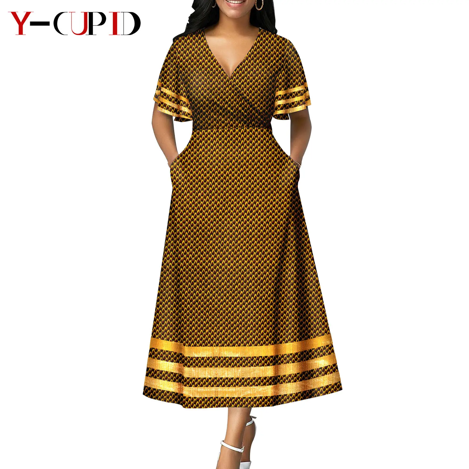 African Print V-neck Dresses for Women Couple Matching Men Outfits Top and Pant Sets Dashiki Bazin Riche Lover Outwear Y23C086