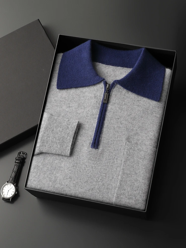 Maglione con colletto polo in colore a contrasto Autunno Inverno Pullover casual da uomo 100% maglieria in cashmere Mezza cerniera Design Abbigliamento maschile