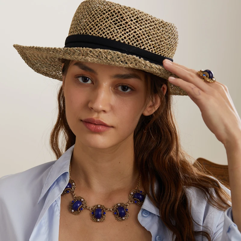 

Vintage Blue Lapis Lazuli Choker Necklace Square Short Chain Gold Color Luxury Designer Jewelry Charms For Women Romantic Dinner