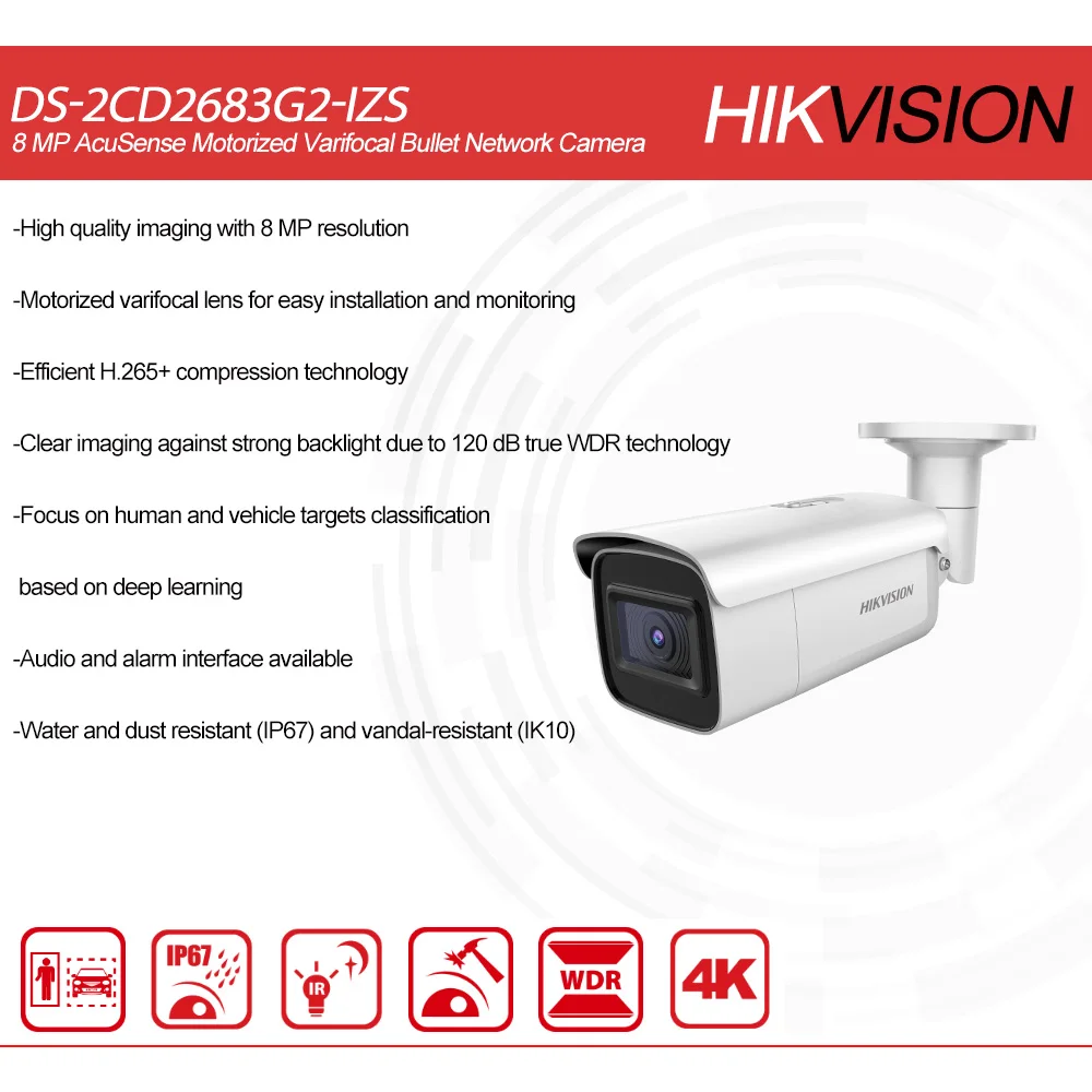 Hikvision Original DS-2CD2683G2-IZS 8MP 4K POE AcuSense Motorized Varifocal Bullet Network Camera WDR IP67 IK10  H.265+ 2.8-12mm