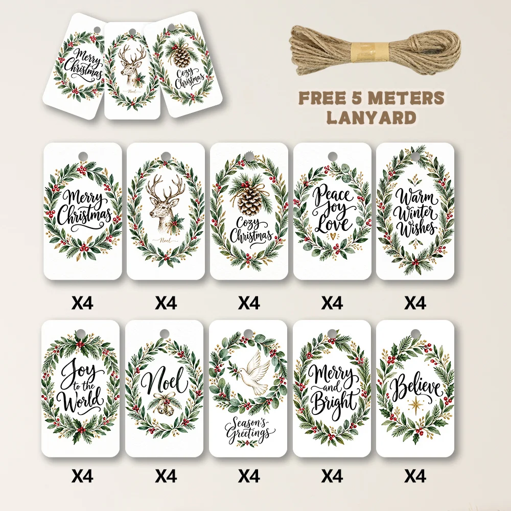 40pcs, Gift Tags, Fresh Watercolor Green Wreath, Hanging Paper Labels for Gift Wrapping, Holiday Party Decor with String