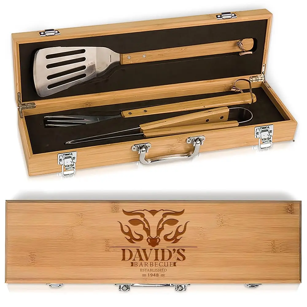 

The Flame - Personalized Bbq Tool Set - 3 Utensils + Bamboo Box - Bbq Grilling Accessories - Grill Gifts For Him, Men, Dad,
