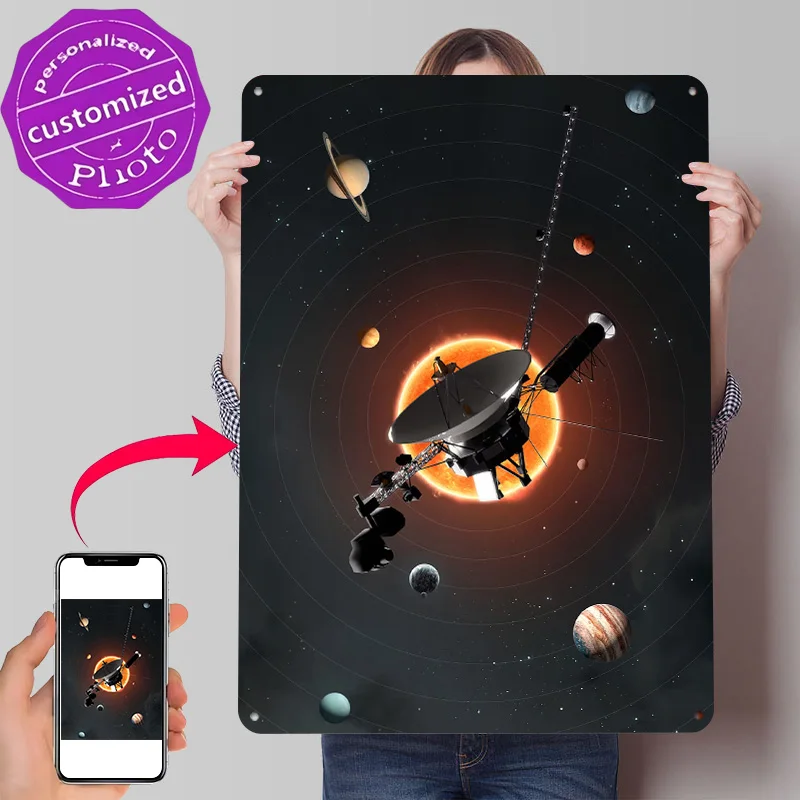Voyager Spacecraft in Solar System 3D Printed Texture Poster Personalized Wall Art Retro Metal Tin Signs for Wand Deko House