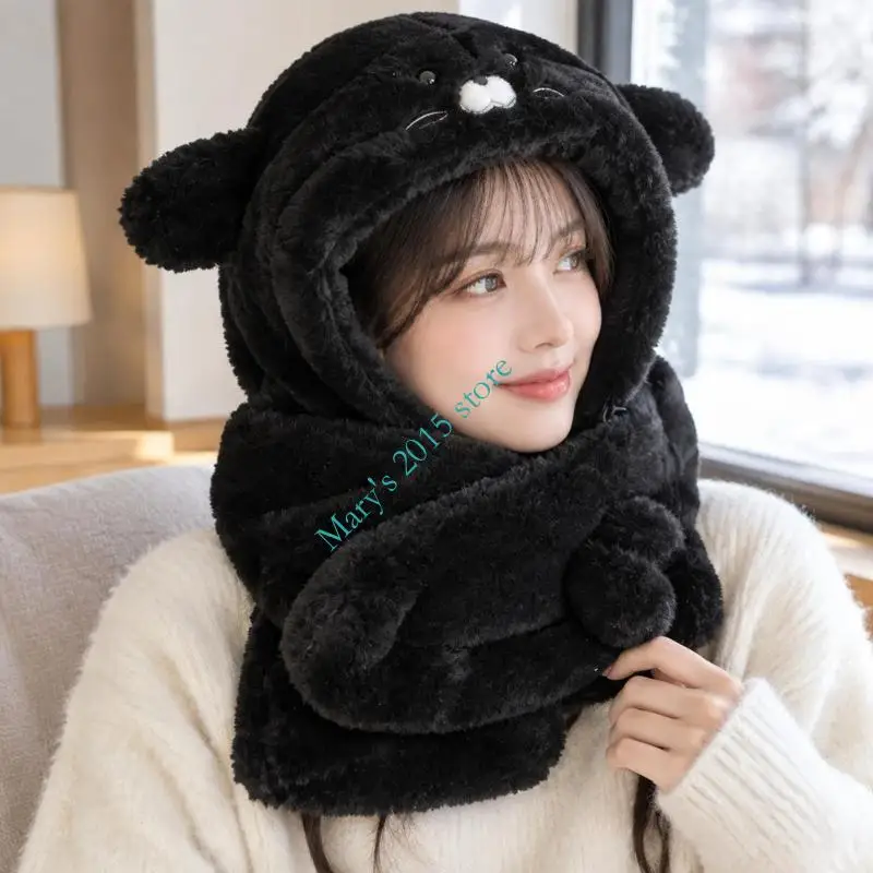 3 in 1 Hat Scarf and Mask Set Warm Winter Hat Fuzzy Plush Thick Hat Plush Seal Hooded and Scarf with Integrated Neck Wrap