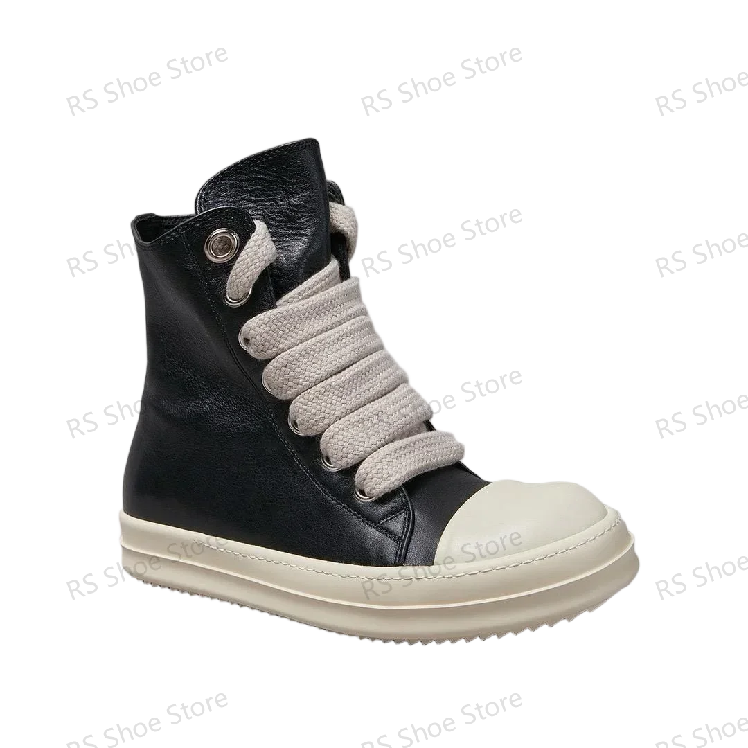 

Ro Design Men Sneaker Black Leather High Top Shoe Jumbo Laces Ankle Boot Women Casual Shoes Zipper Cowhide Boots Sneakers