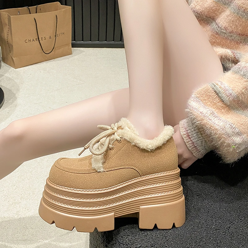 

New 2025 Winter Women Warm Cotton Snow Shoes Fashion 10CM High Platform Sneakers Thick Heels Suede Leather Ladies Plush Pumps