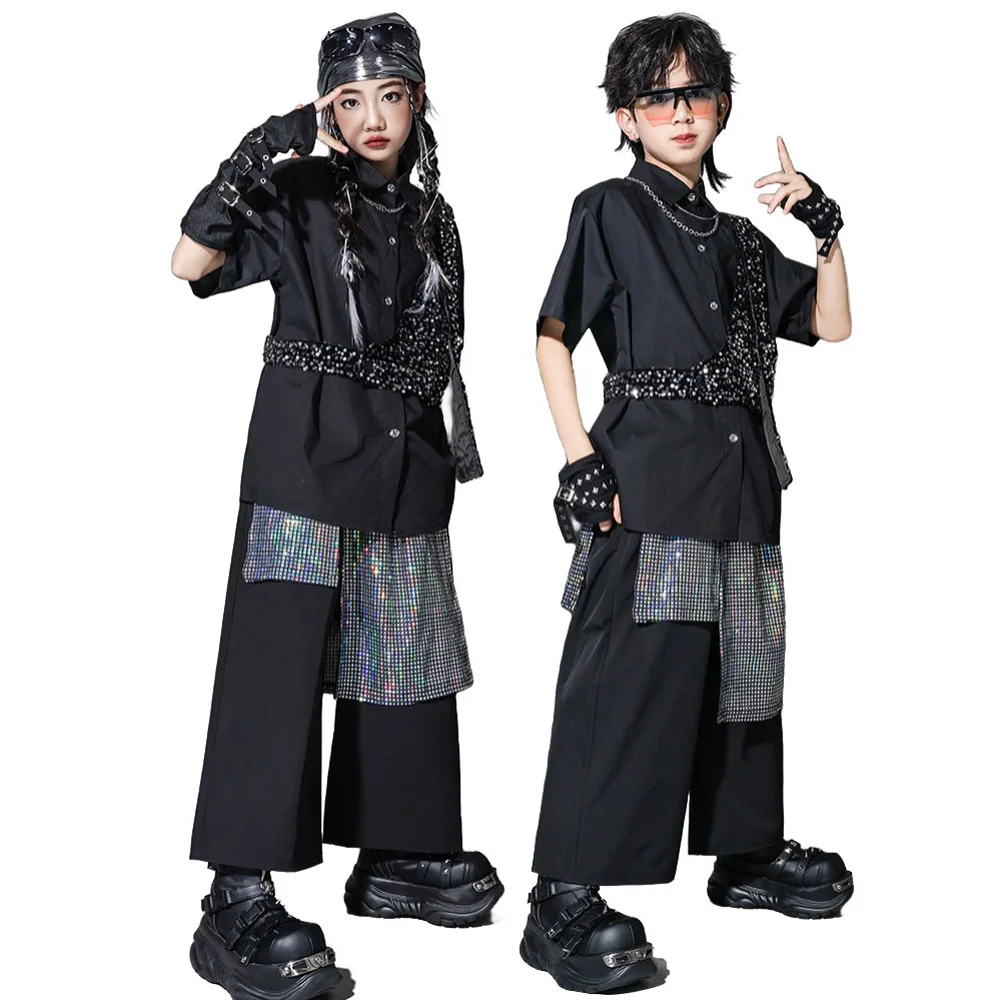 

Детский танцевальный костюм в стиле хип-хоп для мальчиков, черная рубашка, мини-жилет, брюки с поясом, шарф, костюм для выступлений, комплект для группового джазового танца для девочек