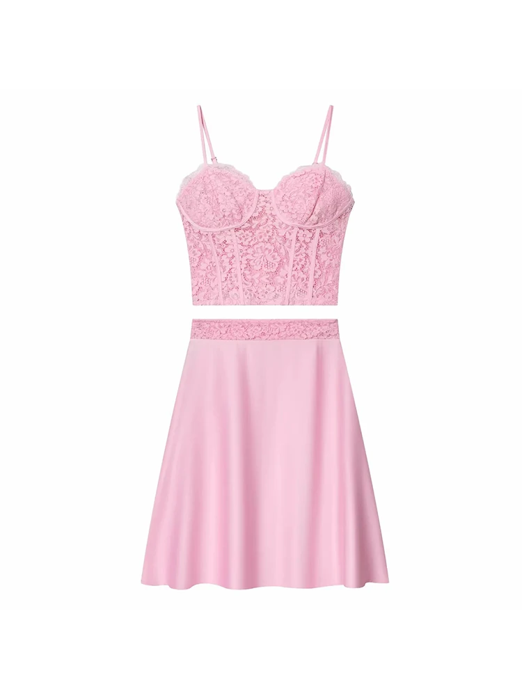

Женский новый модный комплект: розовый кружевной топ без рукавов с завязками на шее и юбка с кружевными вставками, комплект из двух предметов, женский наряд.