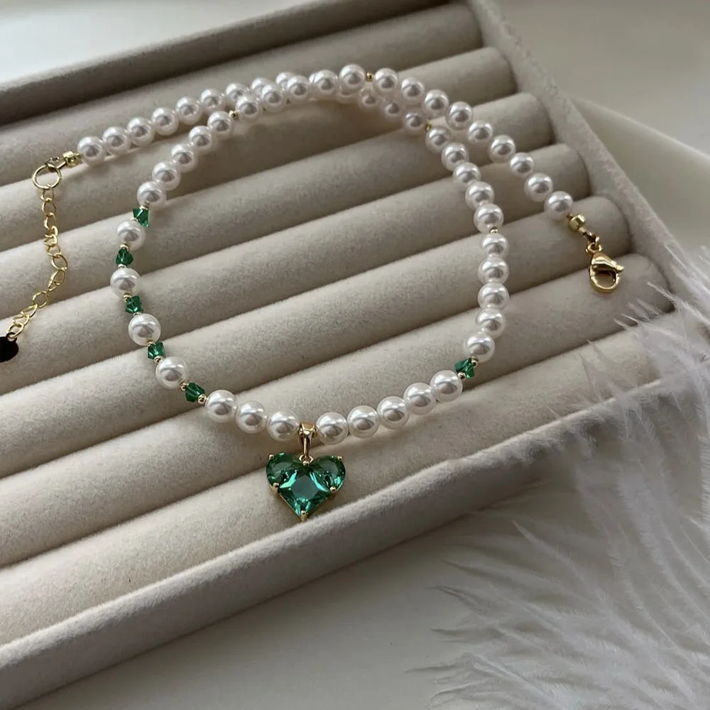 Trend Elegant Beach Jewelry Wedding Big Imitation Pearl Choker Necklace For Women Fashion Crystal Heart Pendant Necklace