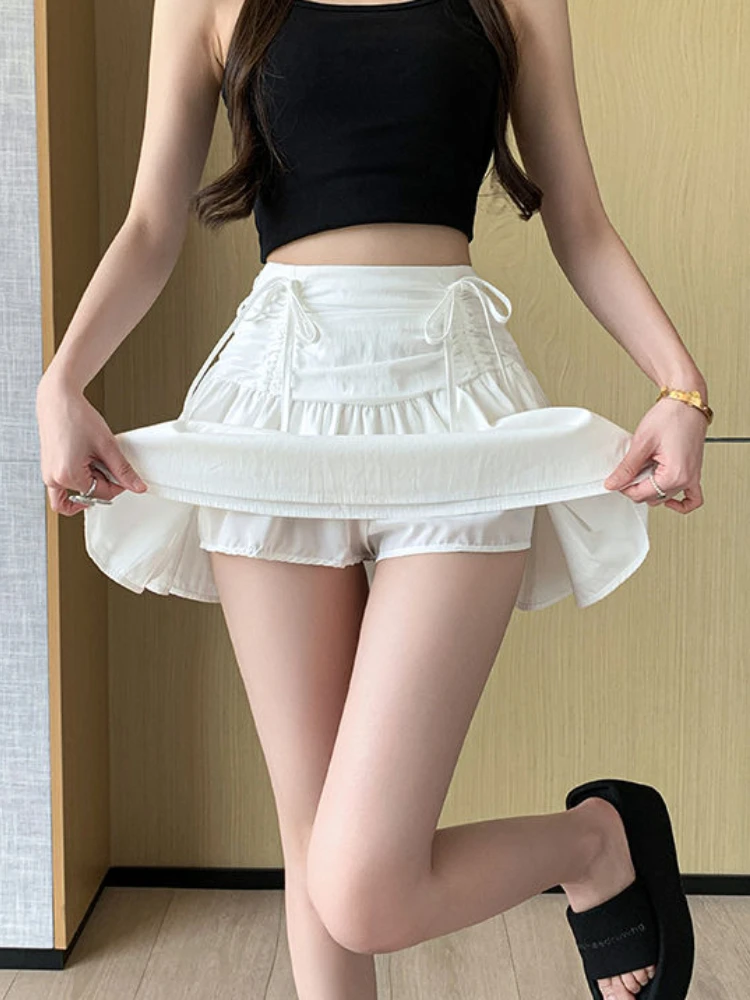 Fashion All Match Skirts Solid Color Bow Draw String Ruffles Patchwork High Waist Mini Skirt Summer Female Slim Women's Clothing