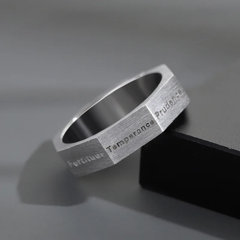 Silver Color Minimalist Punk Hip Hop Rings Seven Virtues Ring for Men Faith Hope Charity Justice Fortitude Prudence Temperance