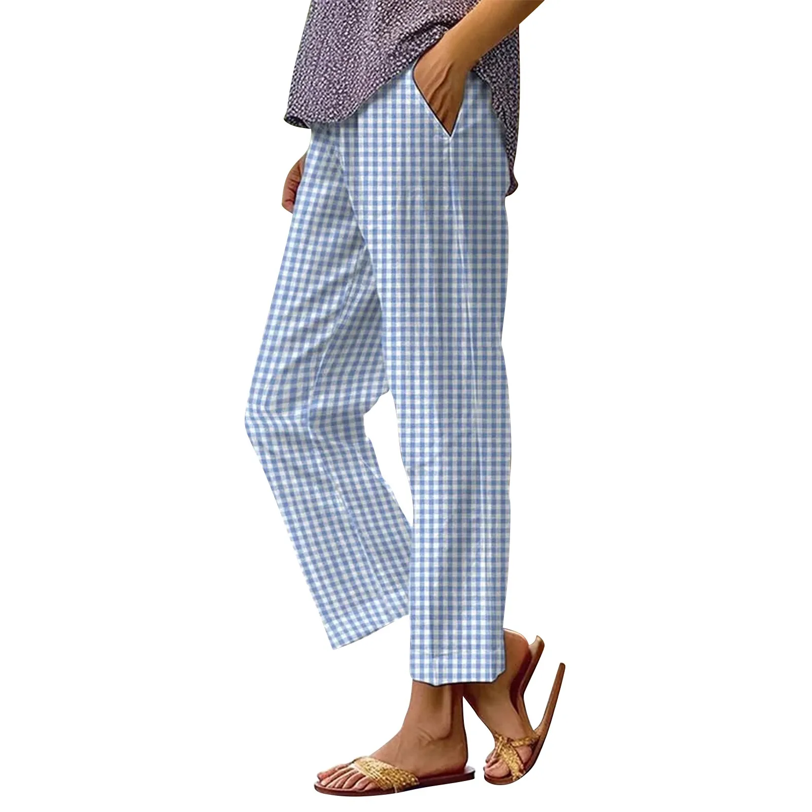 

Women'S Botanical Floral Design Loose Pocket Patchwork Casual Pants Plain Gingham Skin-Friendly Thin Trousers Comfy Loungewear