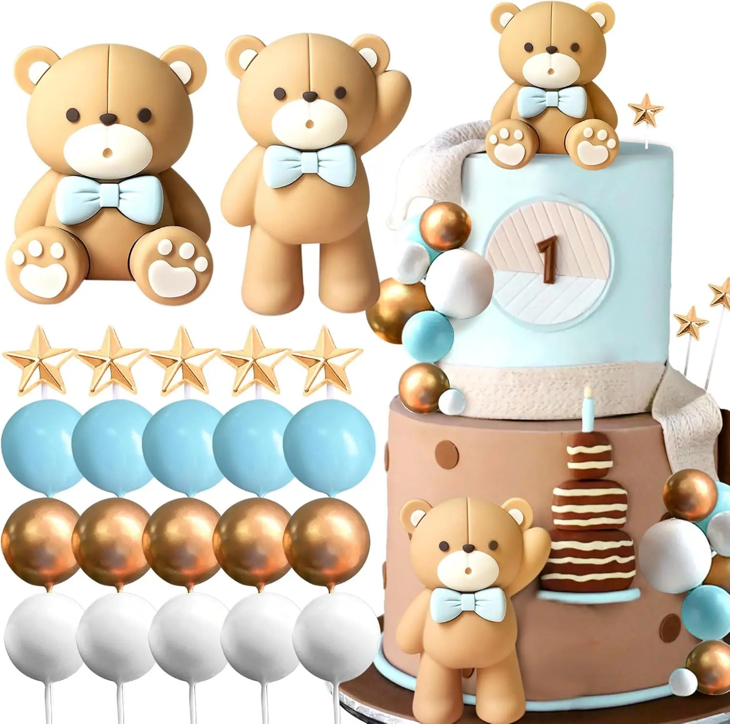 Beige Brauner Bär Kuchendekoration Beige Braune Kugeln Kuchenaufsatz Boho Bären Kuchenaufsatz Baby Shower Geburtstagstorten-Deko – Detail 1