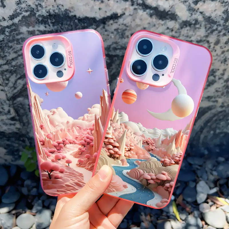 Custodia per telefono rosa con paesaggio di montagne creative per iPhone 13 12 11 Pro Max Mini 15 14 Pro Max Plus Coperture laser antiurto