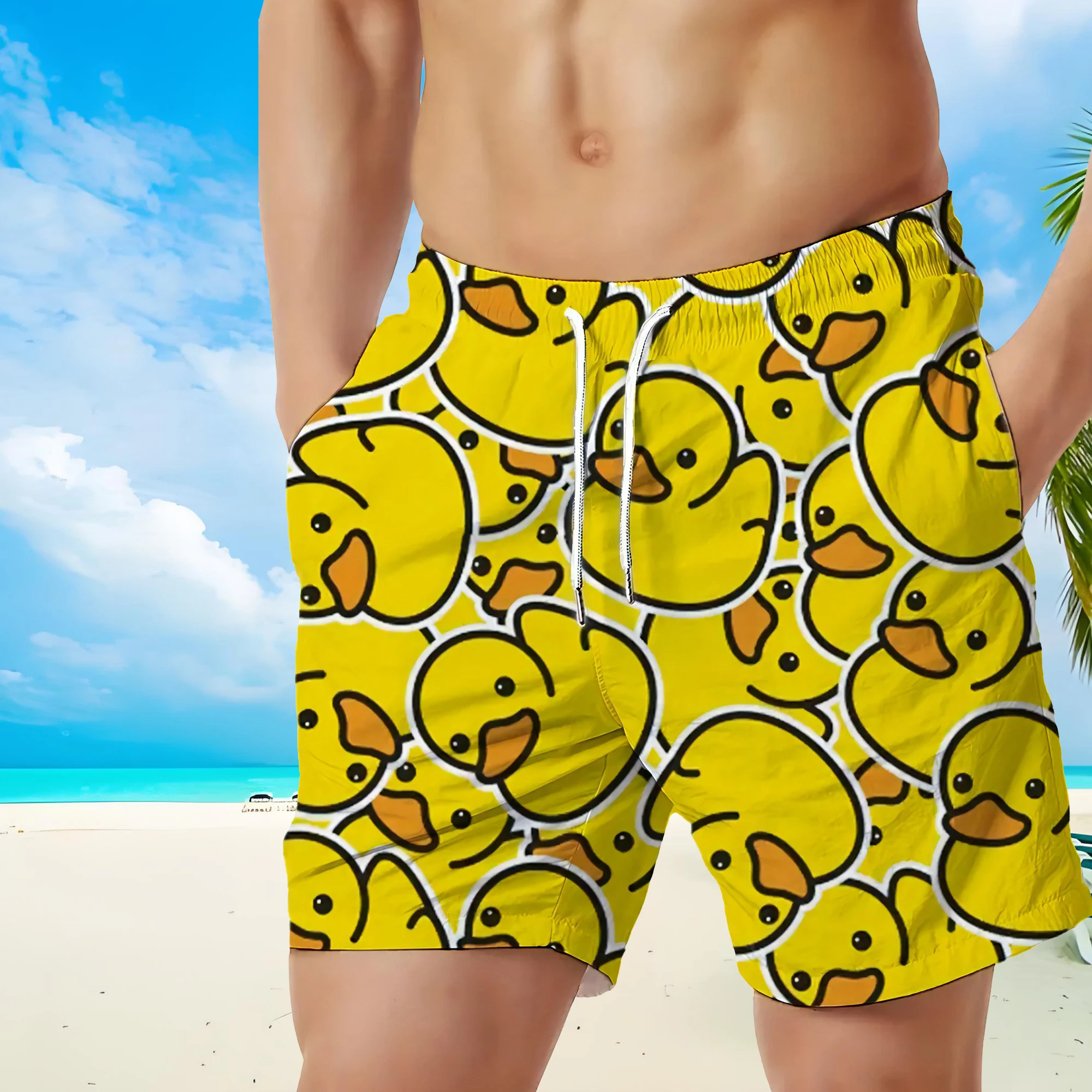 

Новые поступления, мужские плавки с маленькой желтой уткой, летние мужские шорты с закатом, популярный стиль, эластичные короткие брюки с 3D рисунком