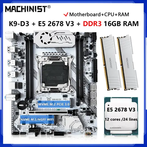 MACHINIST X99 DDR3 Motherboard Combo With LGA 2011-3 Intel Xeon E5 2678 V3 CPU 16GB RAM Four channels C612 chip K9-D3 Set Kit