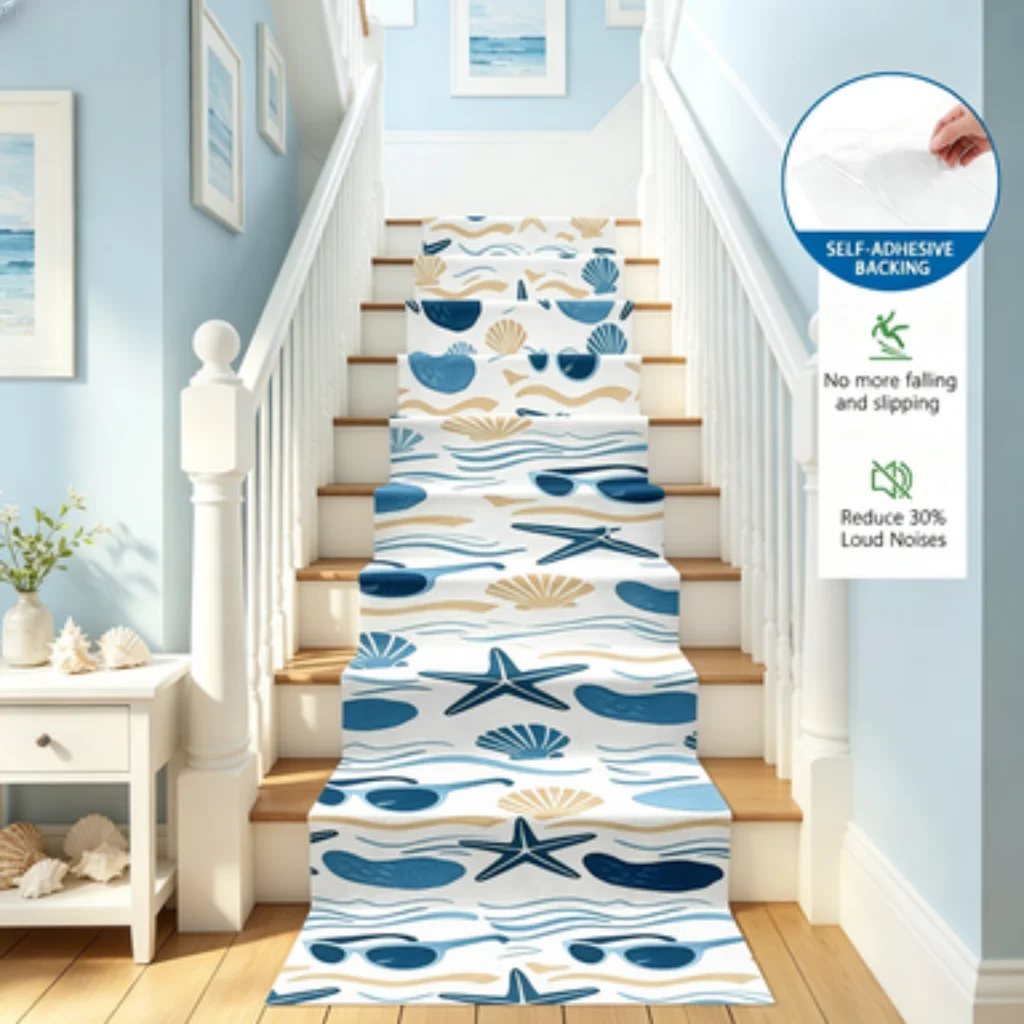Tropical Leaf Print Self-adhesive Long Stair RunnerMat,Noise-suppressing Anti-slipStair StepProtector,Handy Long Stair Tread rug