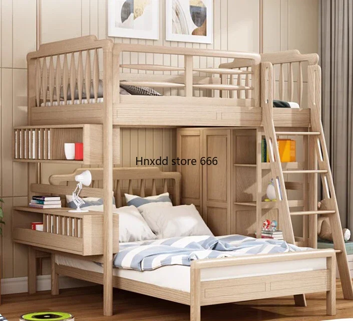 Children's staggered elevated single upper layer, empty upper and lower beds, multi-functional combination ash wood