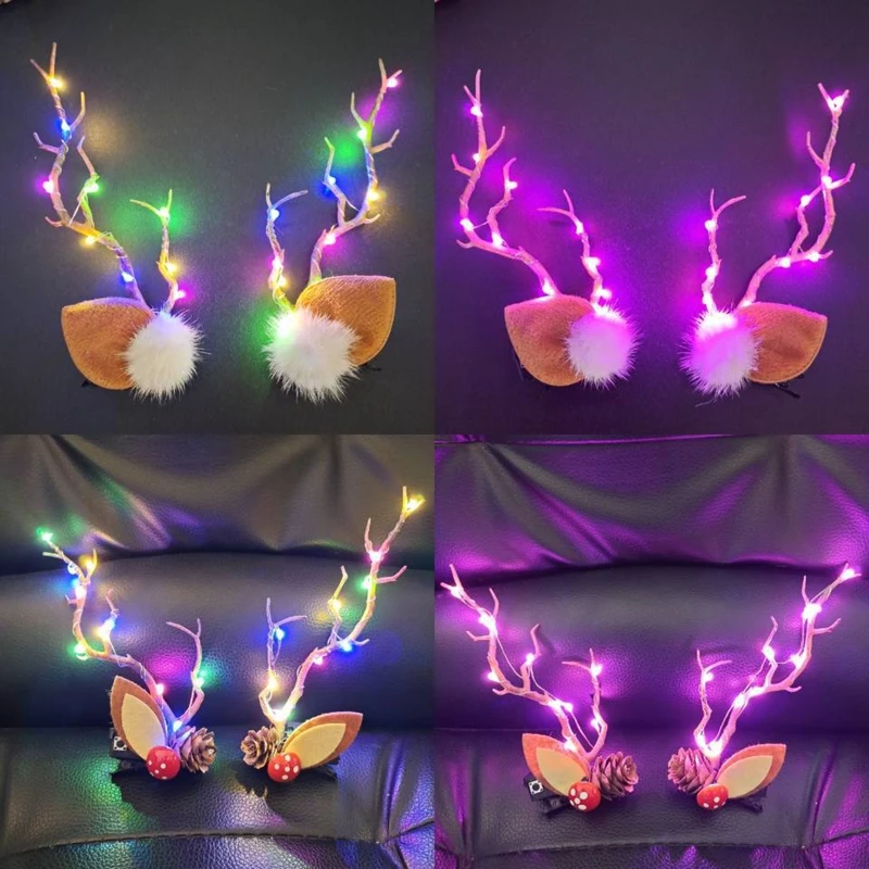 Led Christmas Antler Headwear for Women Girls Glowing Elk Horn Hair Clip Christmas Gift Elk Headwear with Lights Navidad Decor