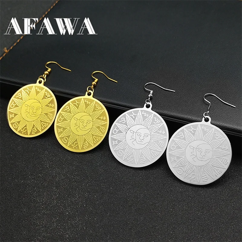 

12 Constellation Sun and Moon Earrings for Women Stainless Steel Gold Color Witch Astrology Dangle Earring Jewelry E3426S02