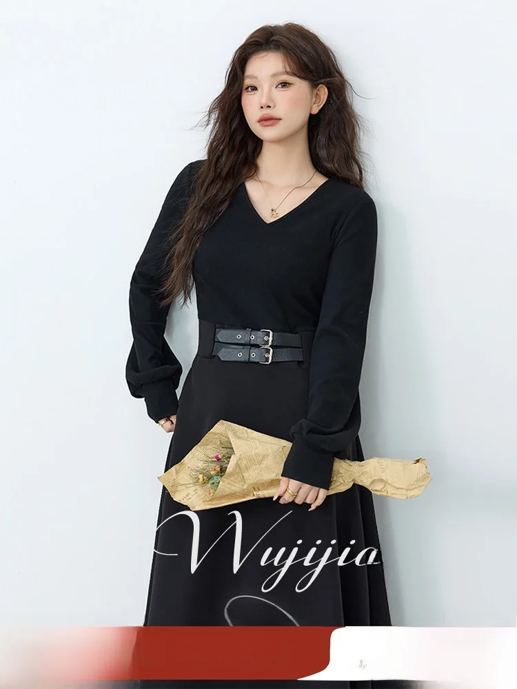 

Модное черное платье с поясом для женщин от Wuji Home, Зима 2025, Корейский стиль, V-образный вырез, длинный рукав, приталенный крой, полиэстер