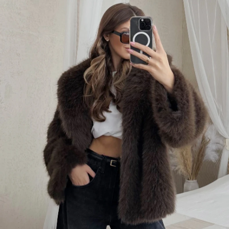 HXAO Women's Fur Coat 2025 Brown Artificial Fur Coat Women Winter Coats Fluffy Cropped Outerwears Hair Coat Warmth Plush Jackets