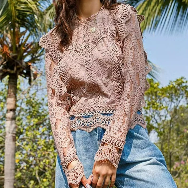 

Новый стиль, модная однотонная нижняя рубашка, сексуальная полая кружевная рубашка с длинными рукавами, женская верхняя одежда, топ 2026, весна и осень